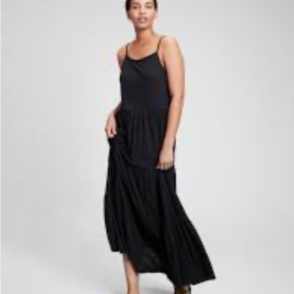 NWT GAP ForeverSoft Black Cotton Tiered Maxi Dress L Tall